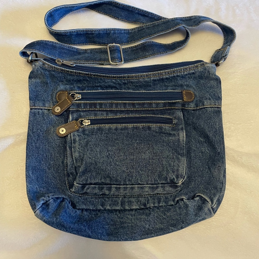 Denim Crossbody Shoulder Bag with Front Zip Pockets
